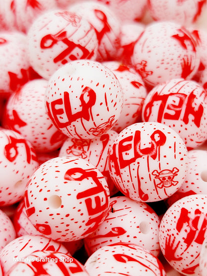 15mm Printed Help Blood Splatter Silicone Beads – Horror Halloween Round Beads for Pens & Wristlets