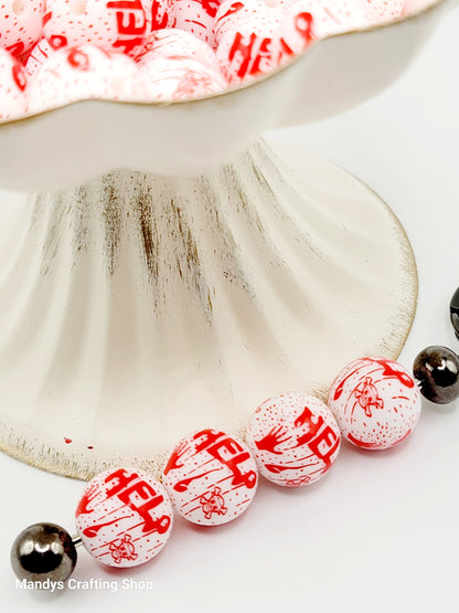 15mm Printed Help Blood Splatter Silicone Beads – Horror Halloween Round Beads for Pens & Wristlets
