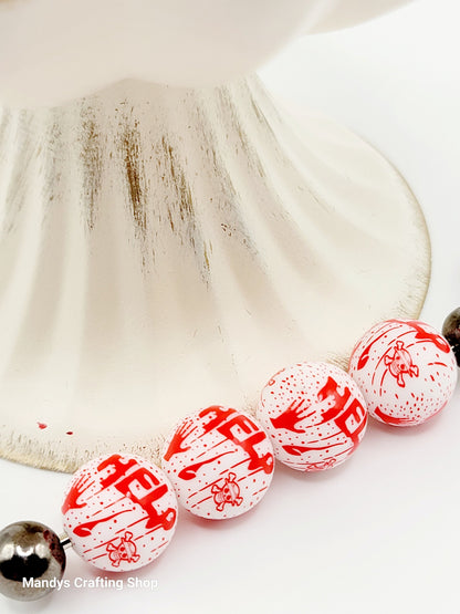 15mm Printed Help Blood Splatter Silicone Beads – Horror Halloween Round Beads for Pens & Wristlets