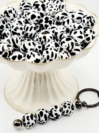 15mm Printed Black & White Cow Print Silicone Bead – Round Animal Beads for Pens & Wristlets