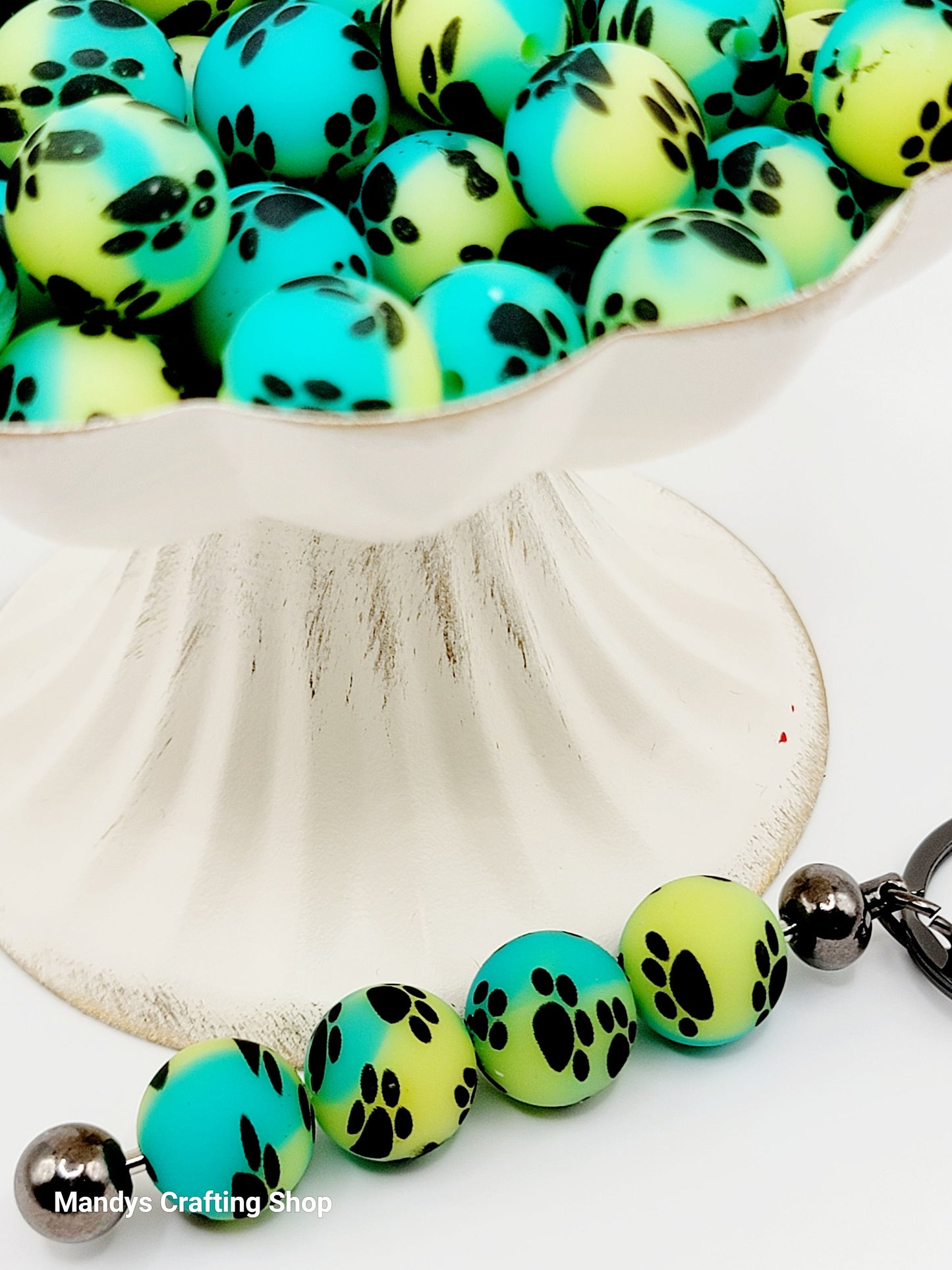 15mm Printed Turquoise & Yellow Paw Print Silicone Beads – Round Pet Beads for Pens & Wristlets