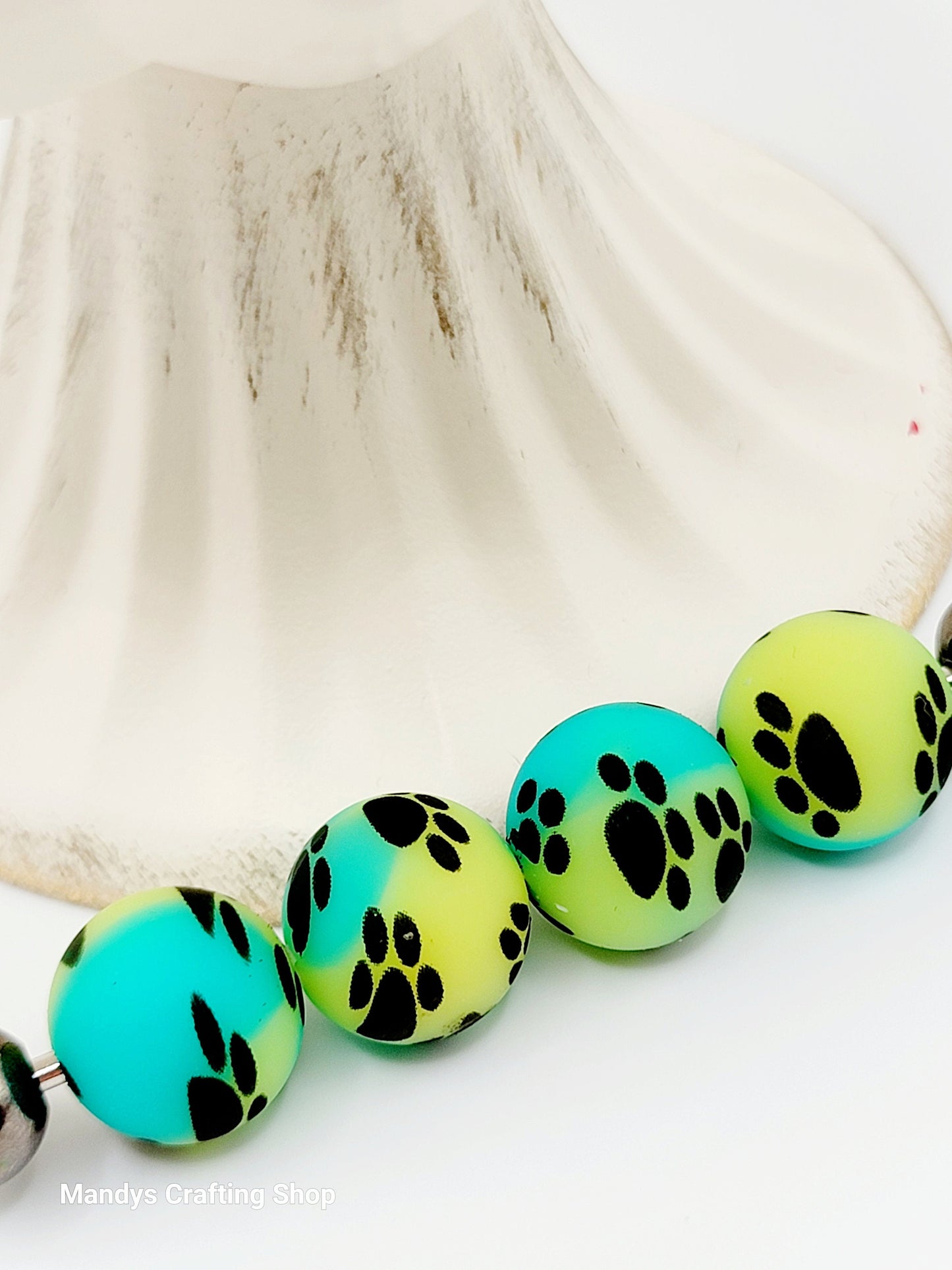 15mm Printed Turquoise & Yellow Paw Print Silicone Beads – Round Pet Beads for Pens & Wristlets
