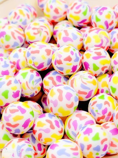 15mm Printed Rainbow Cow Print Silicone Bead – Round Animal Print Beads for Pens & Wristlets
