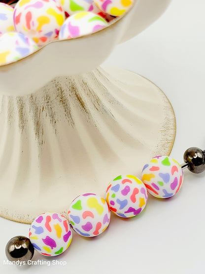 15mm Printed Rainbow Cow Print Silicone Bead – Round Animal Print Beads for Pens & Wristlets