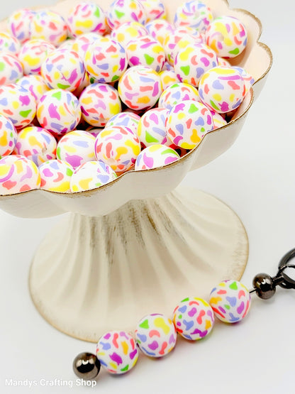 15mm Printed Rainbow Cow Print Silicone Bead – Round Animal Print Beads for Pens & Wristlets