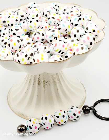 15mm Printed Polka Dot Print Silicone Bead – Rainbow Dot Round Beads for Pens & Wristlets