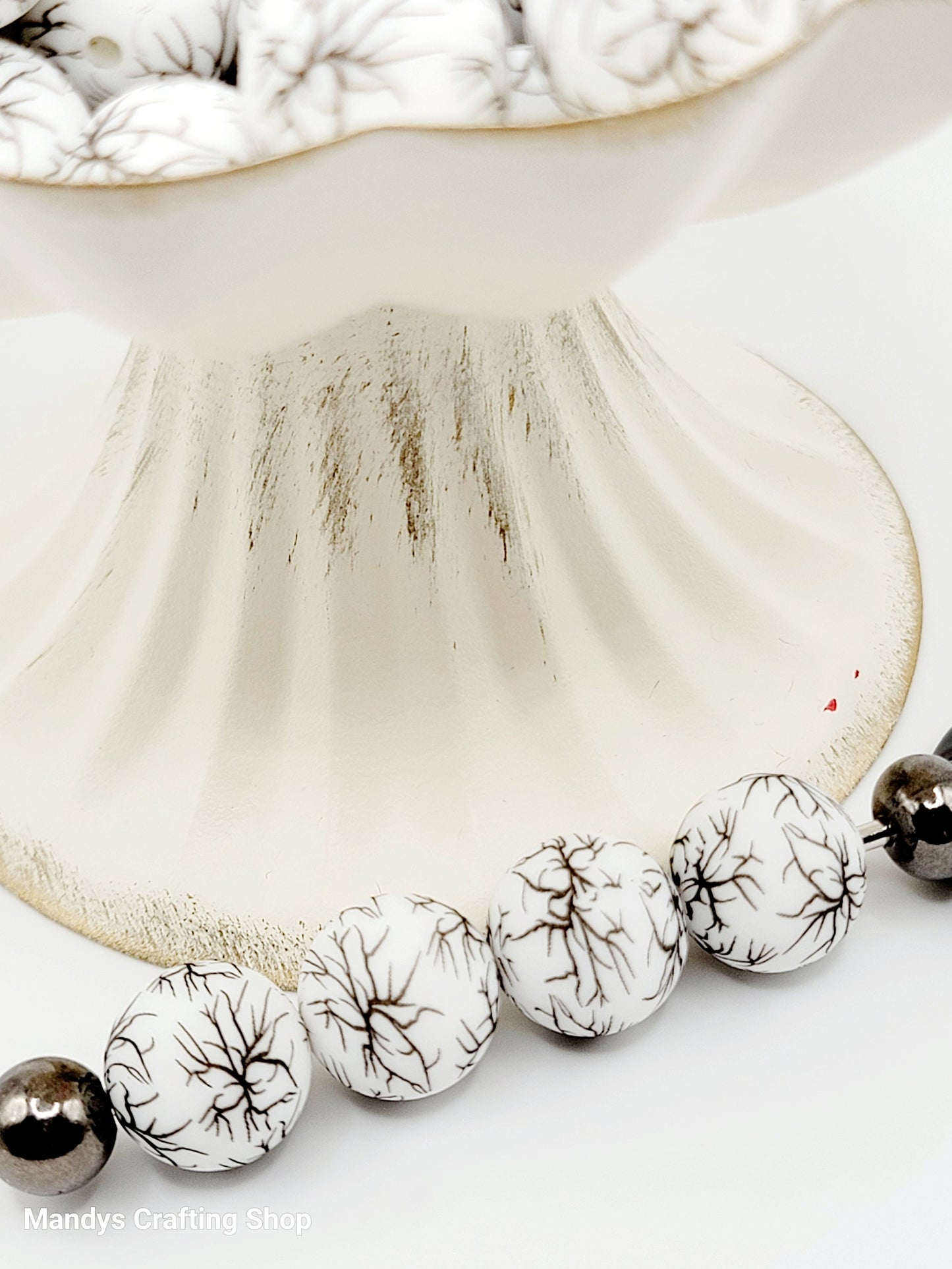 15mm Printed Black Vine Print Silicone Bead – Halloween Round Beads for Pens & Wristlets
