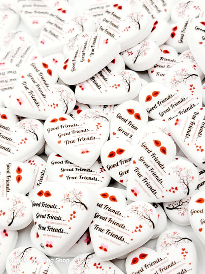 Friend Cardinal Heart Focal Bead – “Friends Are Forever” Printed Silicone Pen Bead (Set of 2)