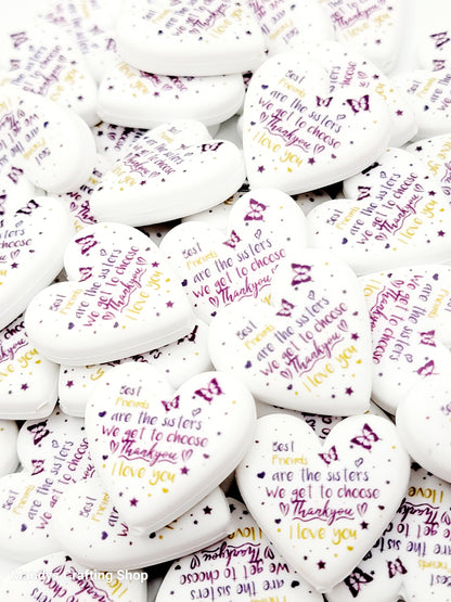 Best Friend Heart Focal Bead – “Sisters We Get to Choose” Printed Silicone Pen Bead (Set of 2)
