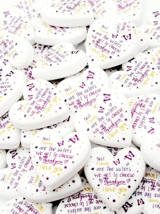 Best Friend Heart Focal Bead – “Sisters We Get to Choose” Printed Silicone Pen Bead (Set of 2)
