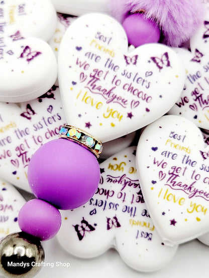 Best Friend Heart Focal Bead – “Sisters We Get to Choose” Printed Silicone Pen Bead (Set of 2)