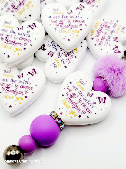 Best Friend Heart Focal Bead – “Sisters We Get to Choose” Printed Silicone Pen Bead (Set of 2)