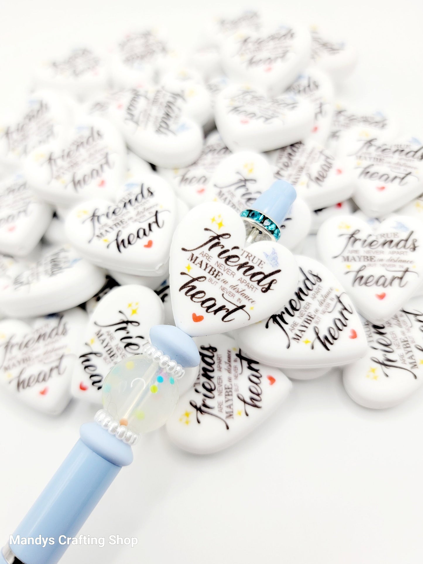 Best Friend Heart Focal Bead – “True Friends Are Never Apart” Printed Silicone Pen Bead (Set of 2)