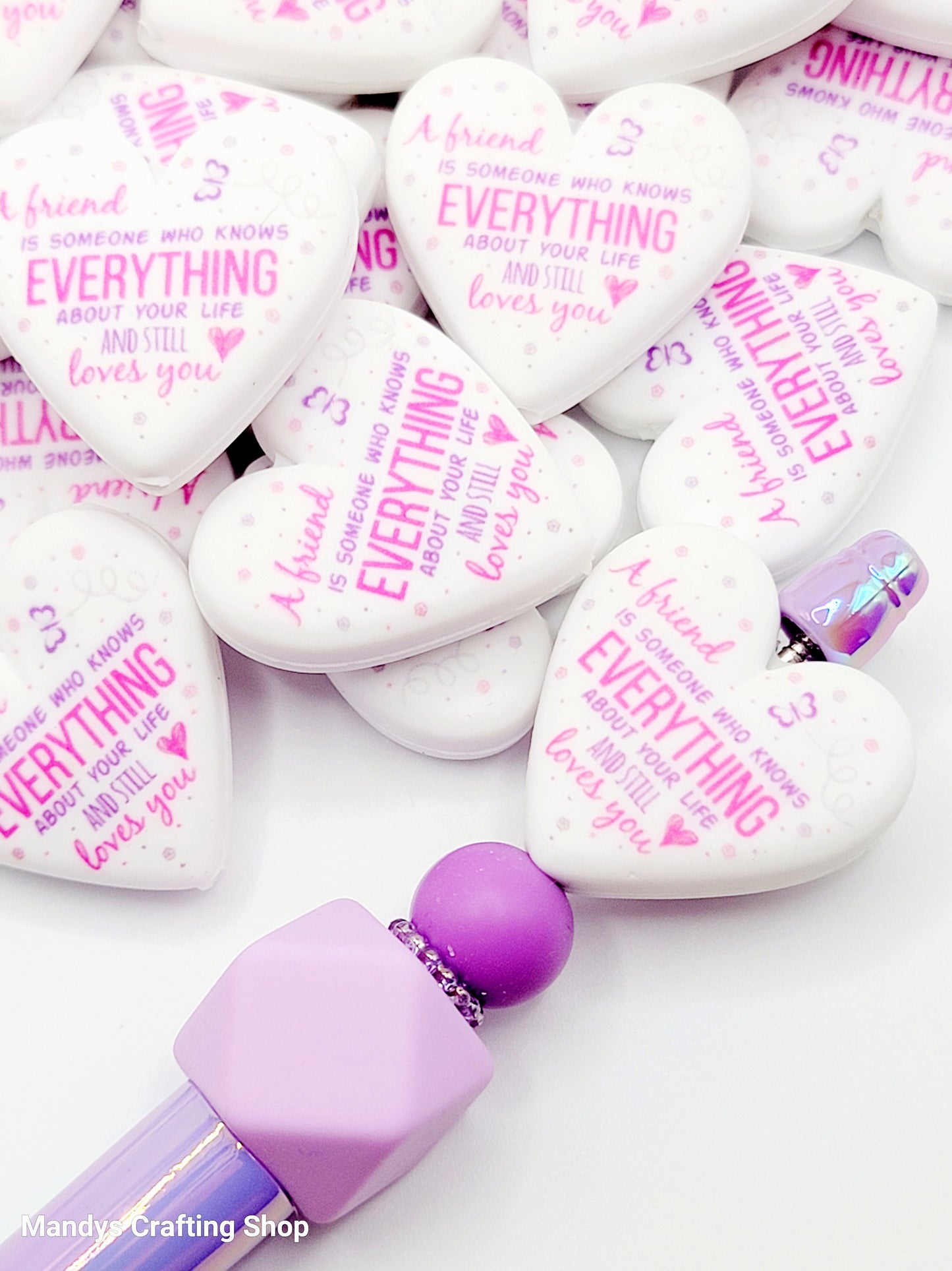 Best Friend Heart Focal Bead – “A Friend Knows Everything” Printed Silicone Pen & Keychain Bead (Set of 2)
