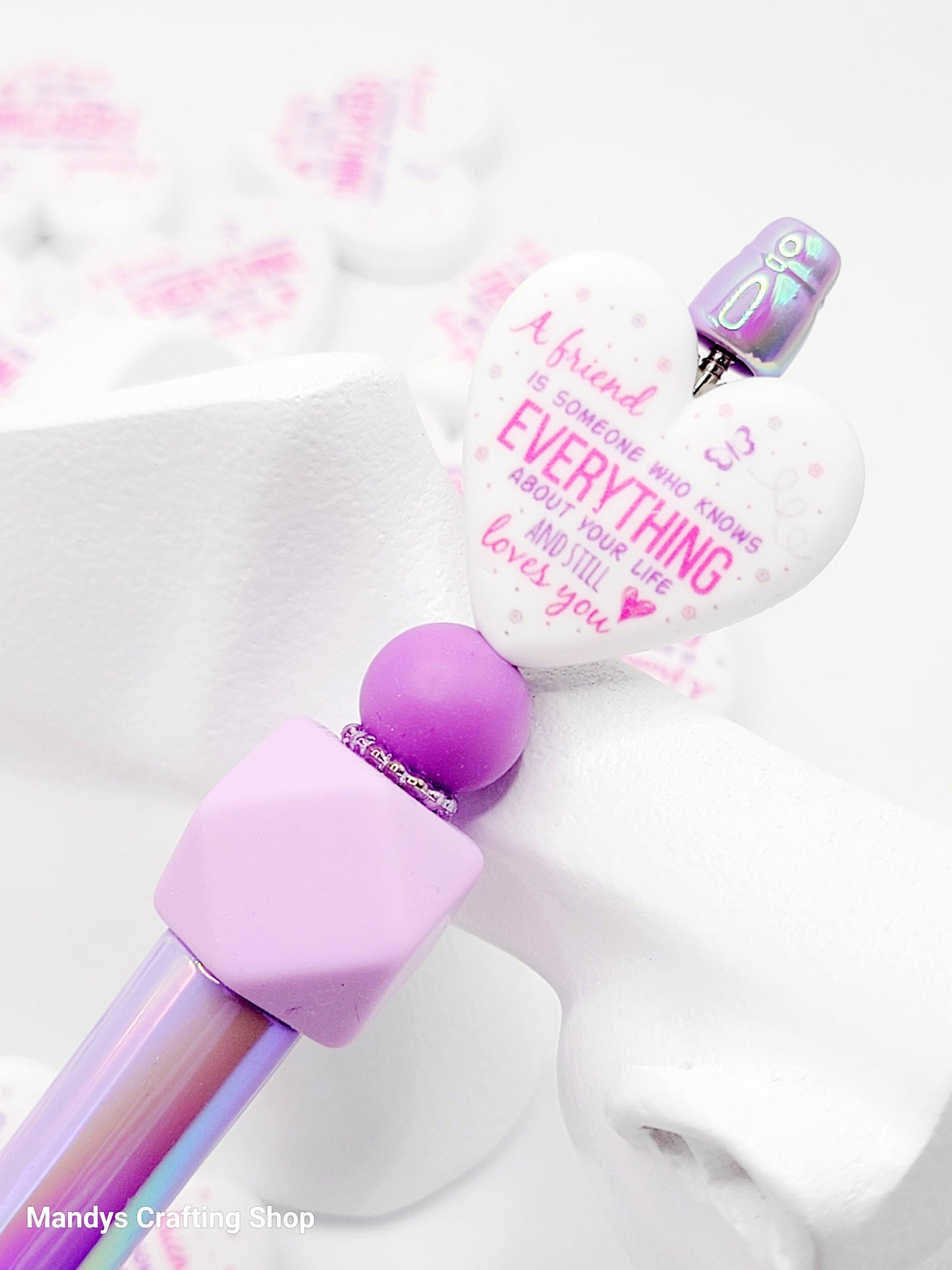 Best Friend Heart Focal Bead – “A Friend Knows Everything” Printed Silicone Pen & Keychain Bead (Set of 2)