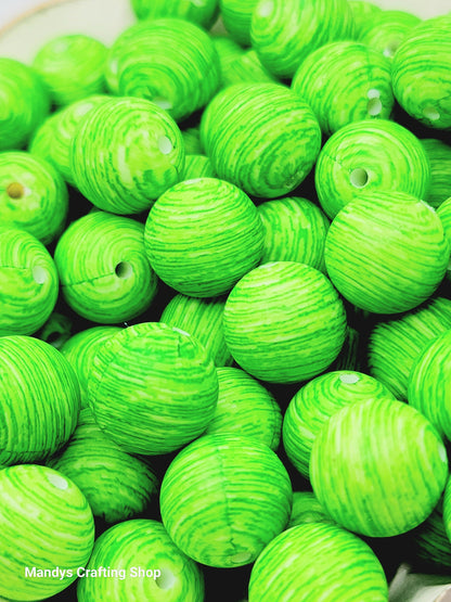 15mm Printed Green Swirl Silicone Bead – Round Green Stripe Beads for Pens & Wristlets