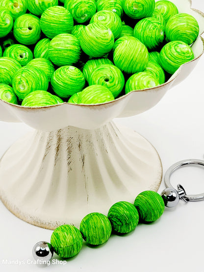 15mm Printed Green Swirl Silicone Bead – Round Green Stripe Beads for Pens & Wristlets