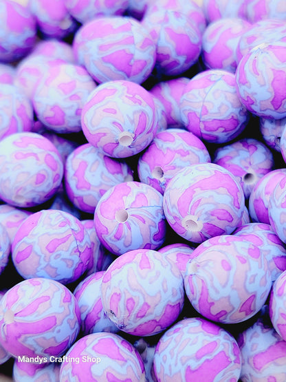 15mm Printed Purple & Blue Spot Silicone Bead – Print Round Spacer Beads for Pens & Wristlets
