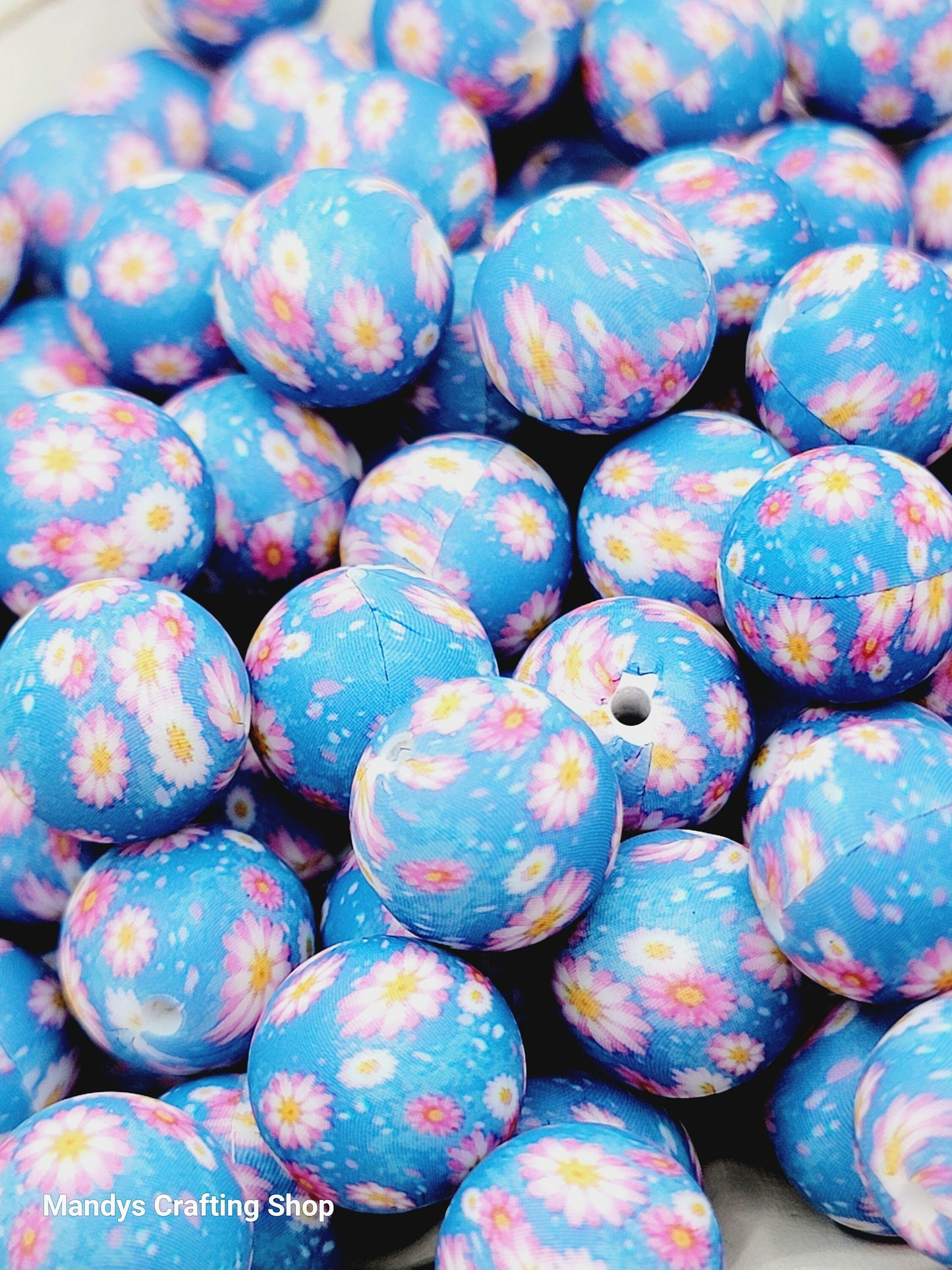 15mm Printed Blue Flower Garden Print Silicone Bead – Round Floral Beads for Pens & Wristlets