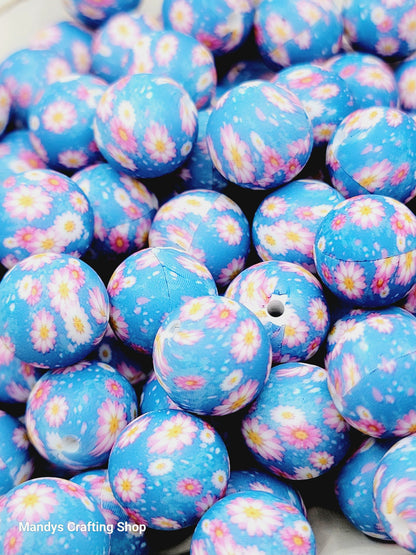 15mm Printed Blue Flower Garden Print Silicone Bead – Round Floral Beads for Pens & Wristlets