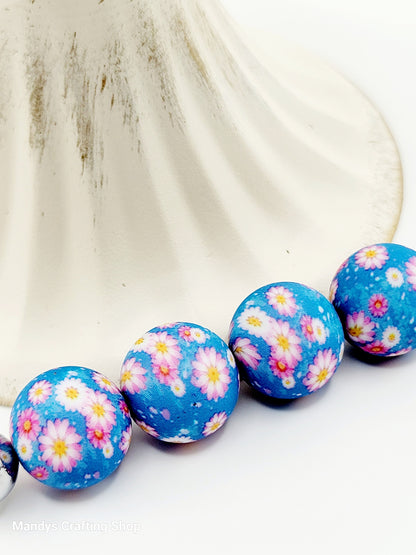 15mm Printed Blue Flower Garden Print Silicone Bead – Round Floral Beads for Pens & Wristlets