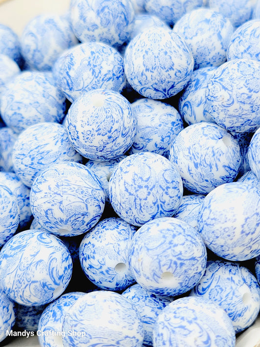 15mm Printed Blue & White Paisley Print Silicone Bead – Round Floral Beads for Pens & Wristlets