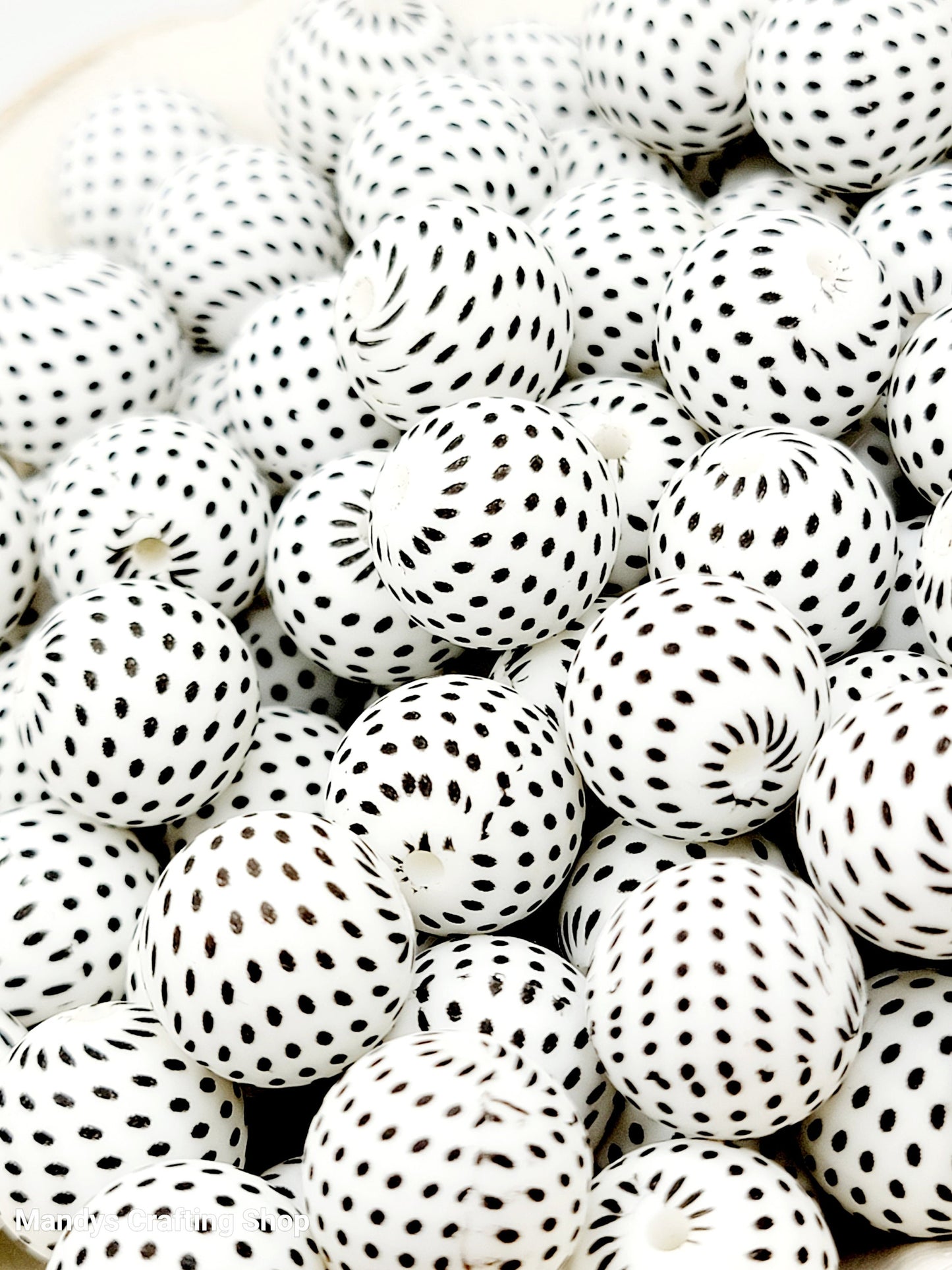 15mm Printed White & Black Polka Dot Silicone Beads – Round Beads for Pens & Wristlets