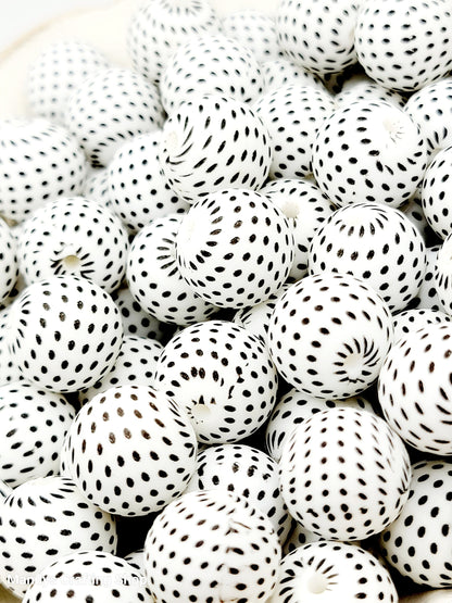 15mm Printed White & Black Polka Dot Silicone Beads – Round Beads for Pens & Wristlets