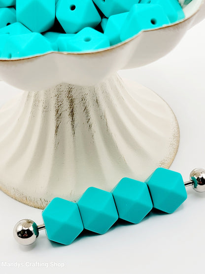 Turquoise Hexagon Silicone Beads – 14mm Hex Spacer Beads (Set of 5)