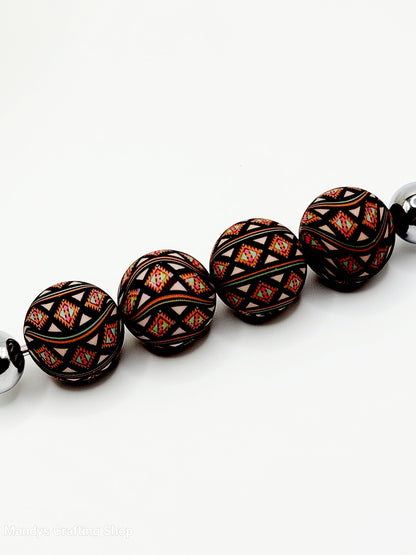15mm Printed Black Red Aztec Diamond Swirl Silicone Bead – Western Round Beads for Pens & Wristlets