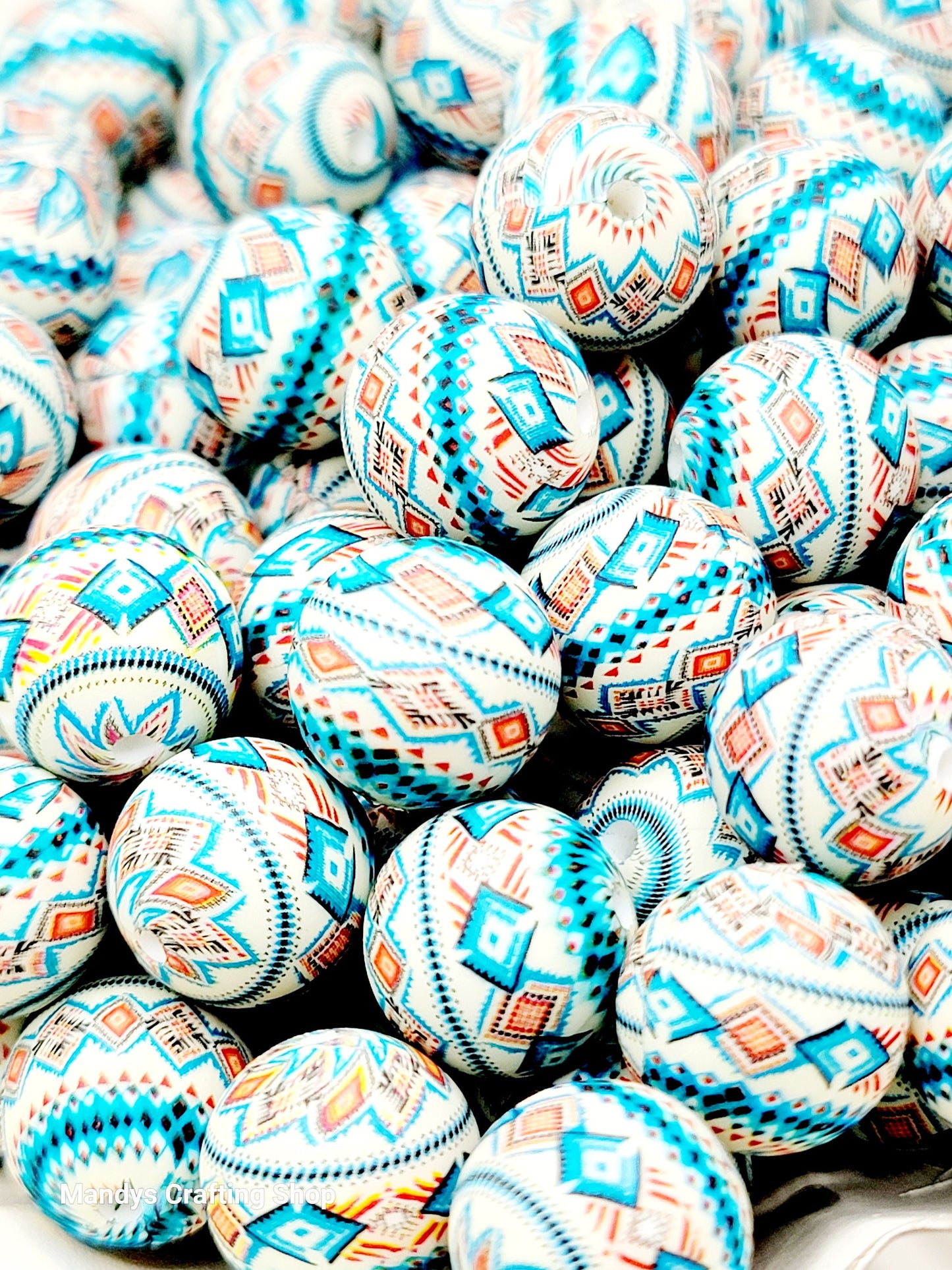 15mm Printed Blue Aztec Diamond Silicone Bead – Western Print Round Beads for Pens & Wristlets