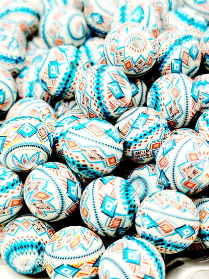 15mm Printed Blue Aztec Diamond Silicone Bead – Western Print Round Beads for Pens & Wristlets