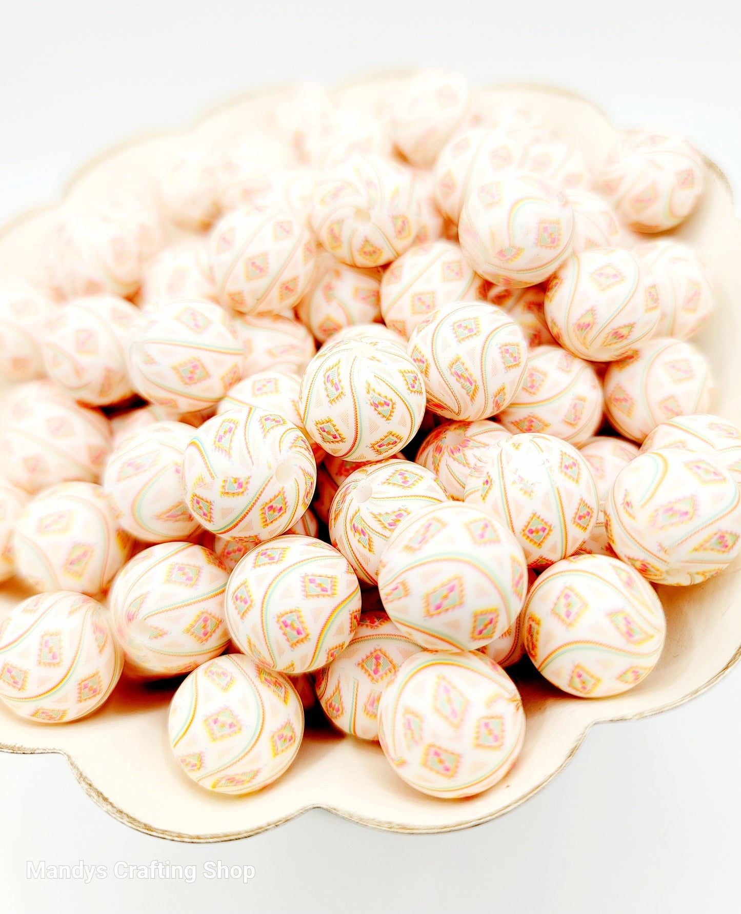 15mm Printed Cream Aztec Diamond Swirl Silicone Bead – Western Round Beads for Pens & Wristlets