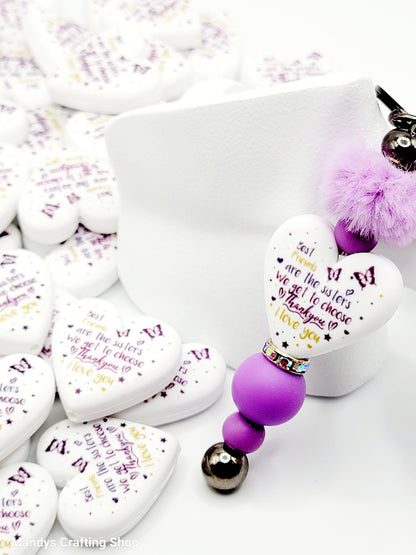 Best Friend Heart Focal Bead – “Sisters We Get to Choose” Printed Silicone Pen Bead (Set of 2)