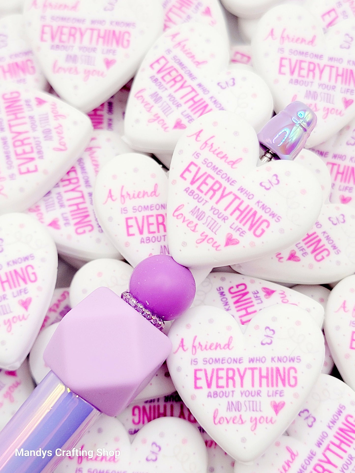 Best Friend Heart Focal Bead – “A Friend Knows Everything” Printed Silicone Pen & Keychain Bead (Set of 2)