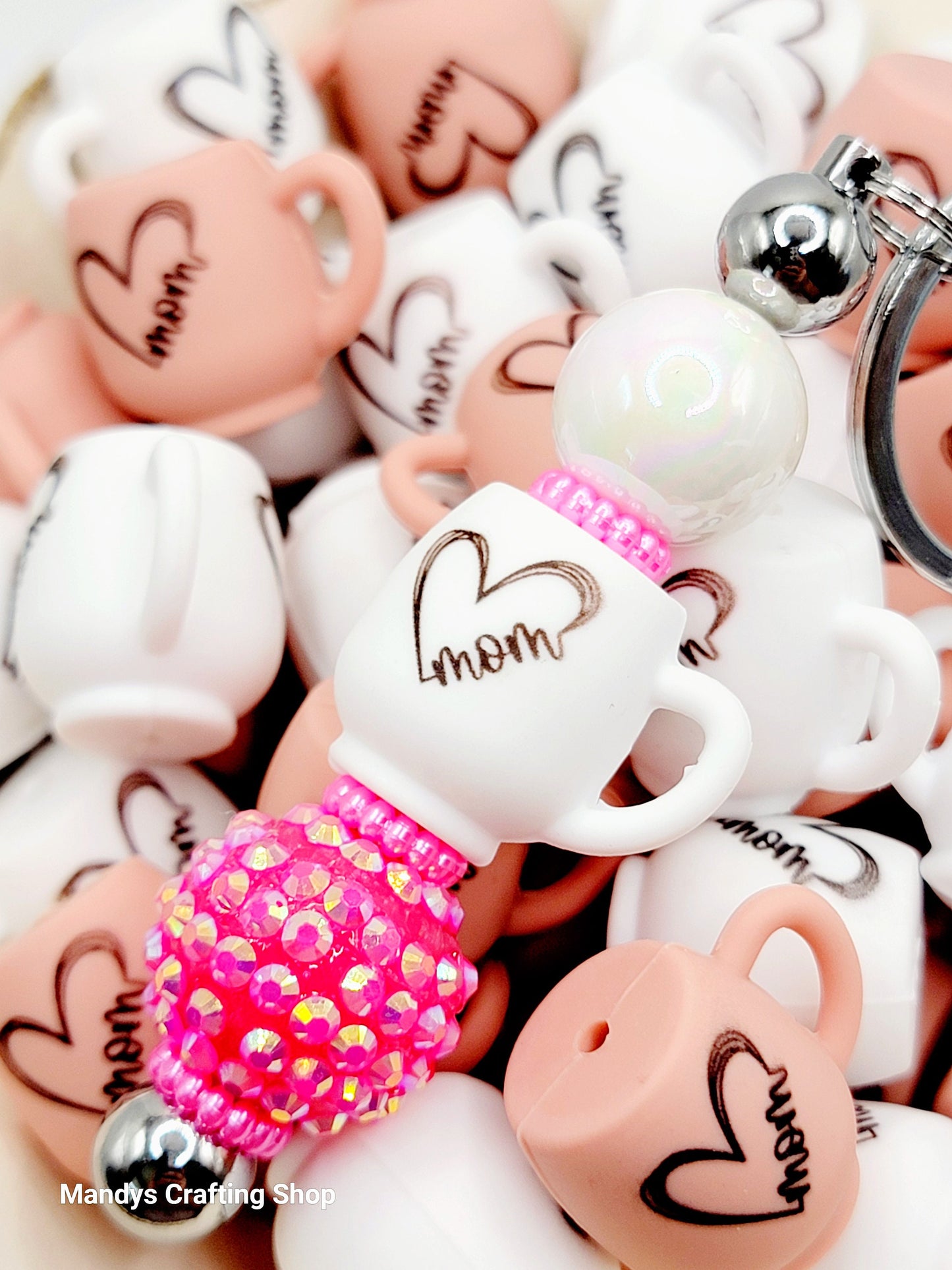 Mom Coffee Cup Silicone Focal Bead – 3D Heart Mug Pen, Keychain & DIY Craft Bead (Set of 1, 2 or 5)