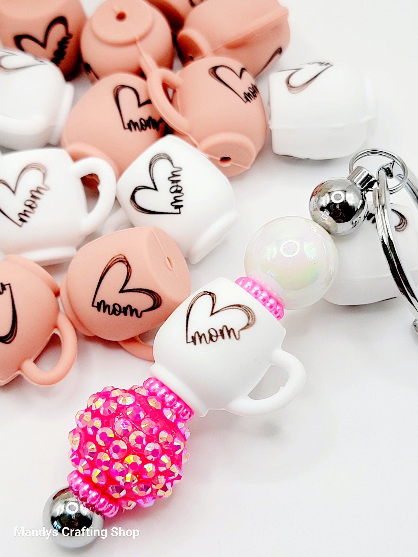 Mom Coffee Cup Silicone Focal Bead – 3D Heart Mug Pen, Keychain & DIY Craft Bead (Set of 1, 2 or 5)