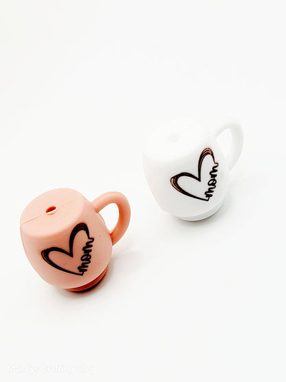 Mom Coffee Cup Silicone Focal Bead – 3D Heart Mug Pen, Keychain & DIY Craft Bead (Set of 1, 2 or 5)