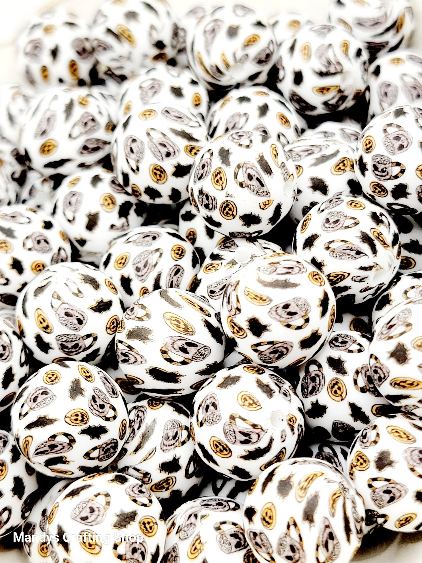 15mm Printed Halloween Skull Coffee Bat Silicone Bead –  Halloween Spooky Theme Silicone Round Pen & Wristlet Beads