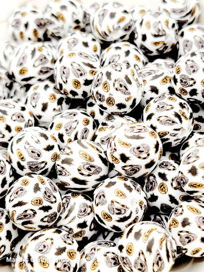 15mm Printed Halloween Skull Coffee Bat Silicone Bead –  Halloween Spooky Theme Silicone Round Pen & Wristlet Beads