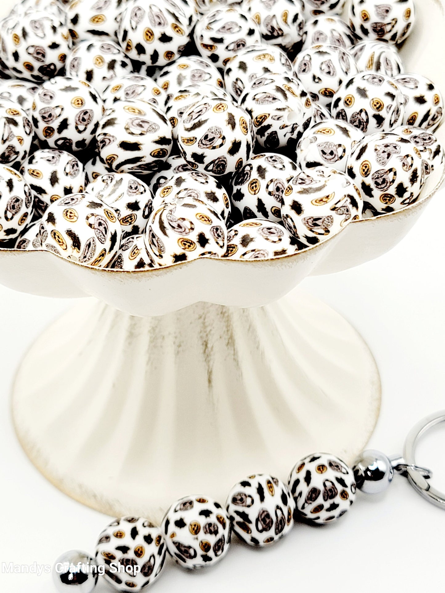 15mm Printed Halloween Skull Coffee Bat Silicone Bead –  Halloween Spooky Theme Silicone Round Pen & Wristlet Beads