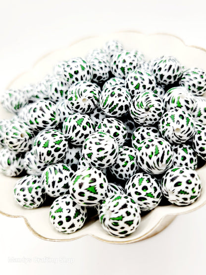 15mm Printed Christmas Tree Leopard Silicone Beads – Christmas Holiday Theme Round Spacer Beads for Pens & Wristlets