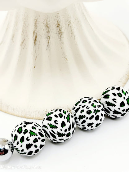 15mm Printed Christmas Tree Leopard Silicone Beads – Christmas Holiday Theme Round Spacer Beads for Pens & Wristlets