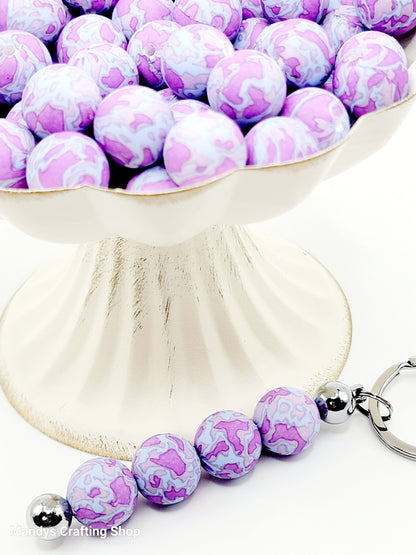 15mm Printed Purple & Blue Spot Silicone Bead – Print Round Spacer Beads for Pens & Wristlets
