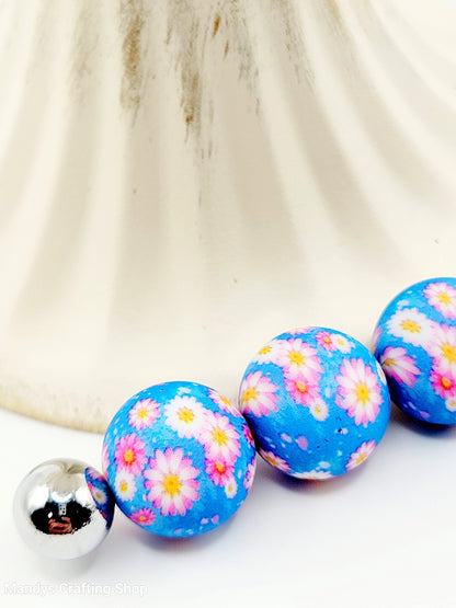 15mm Printed Blue Flower Garden Print Silicone Bead – Round Floral Beads for Pens & Wristlets