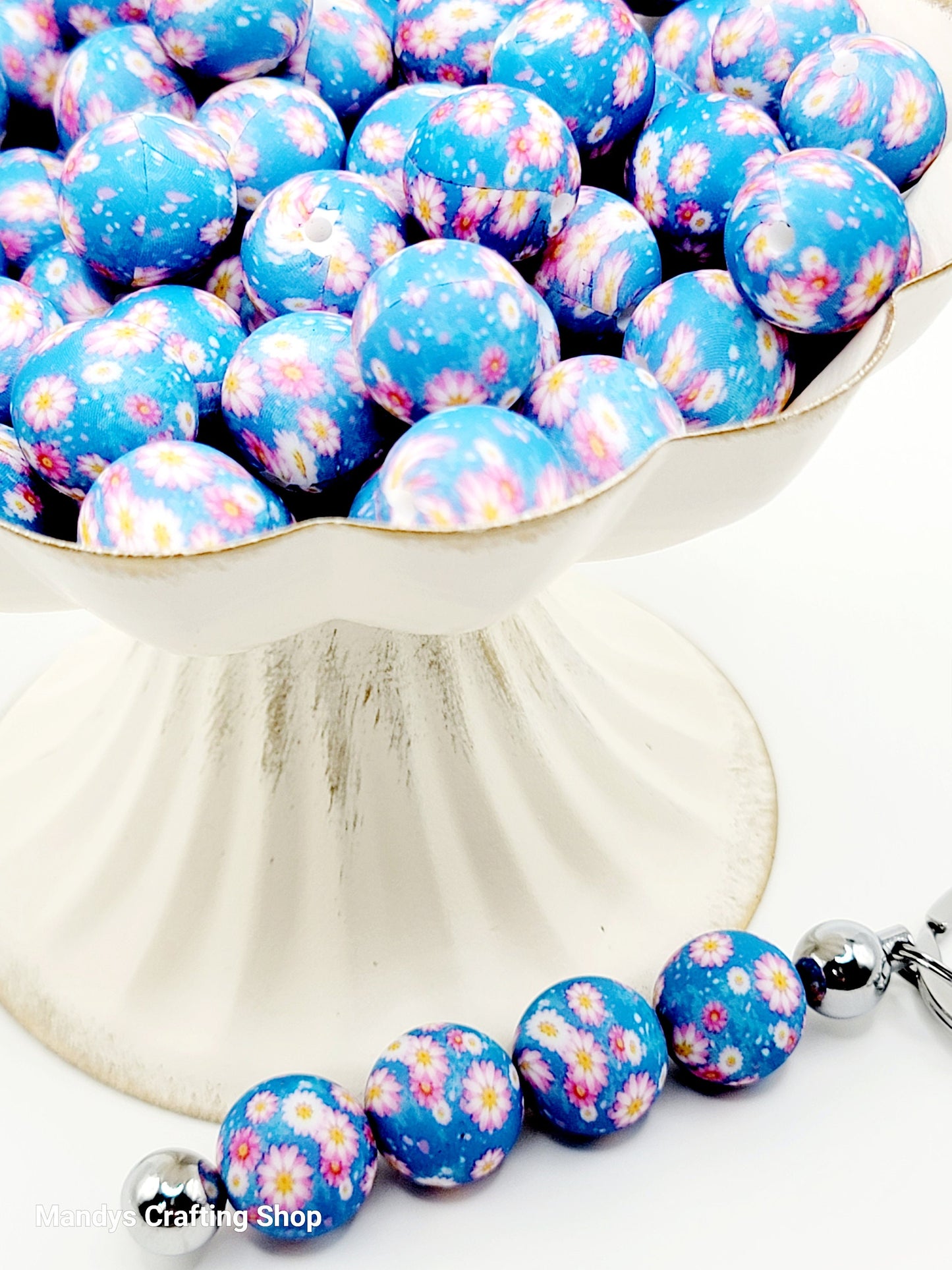 15mm Printed Blue Flower Garden Print Silicone Bead – Round Floral Beads for Pens & Wristlets