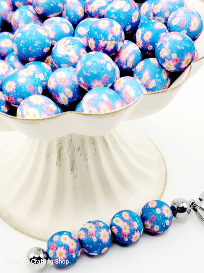 15mm Printed Blue Flower Garden Print Silicone Bead – Round Floral Beads for Pens & Wristlets
