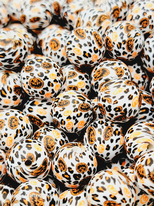 15mm Printed Pumpkin Leopard Silicone Bead – Halloween Round Focal Beads for Pens & Wristlets