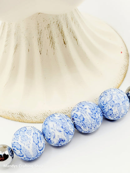 15mm Printed Blue & White Paisley Print Silicone Bead – Round Floral Beads for Pens & Wristlets