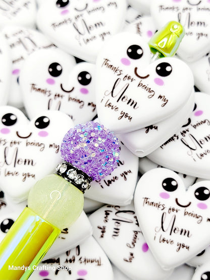 Mom Heart Focal Bead – Mother’s Day Printed Silicone Pen & Keychain Bead (Set of 2)